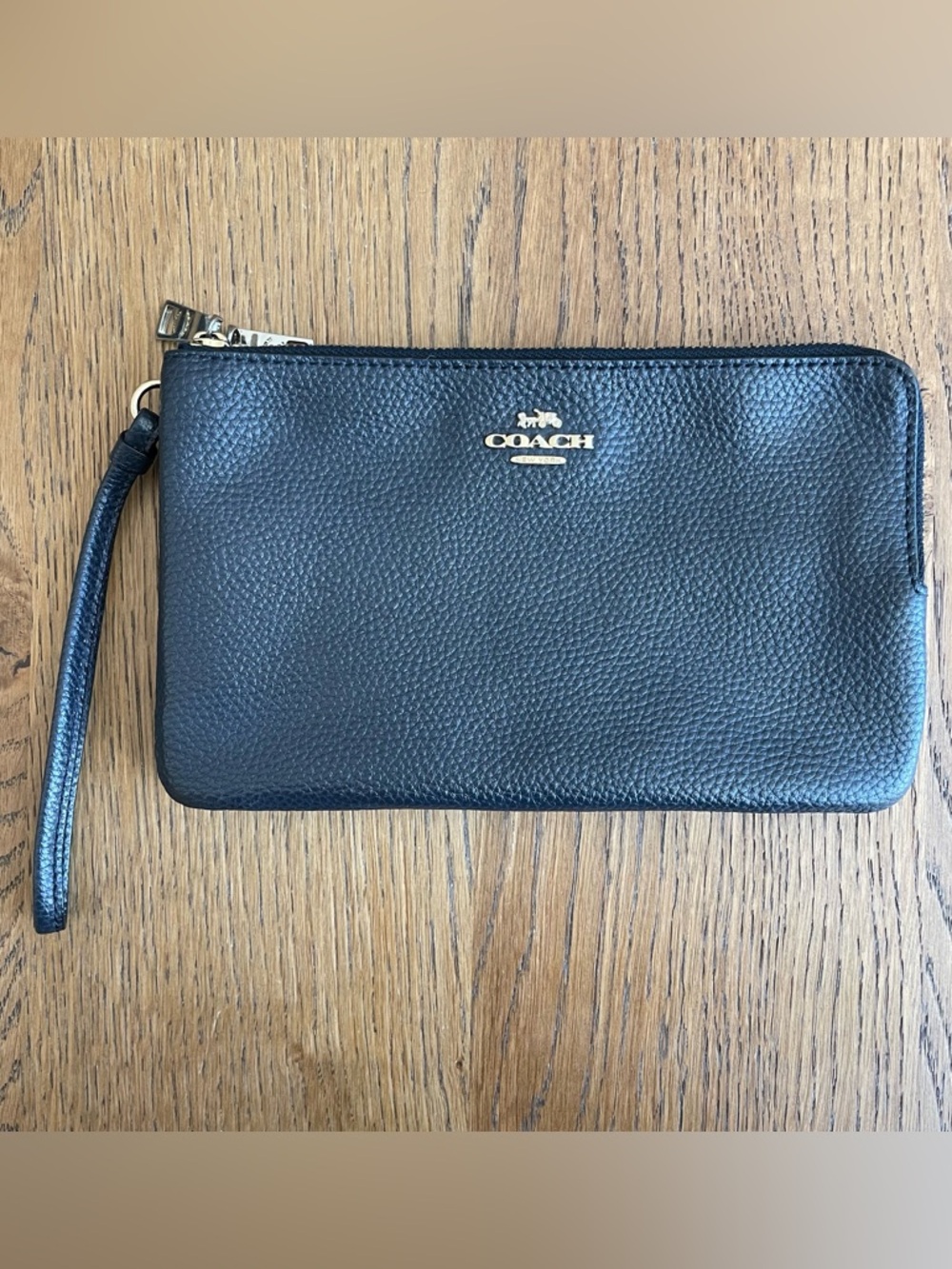 Coach Navy Pebbled Leather Double Zipper Wristlet with Gold Logo Hardware